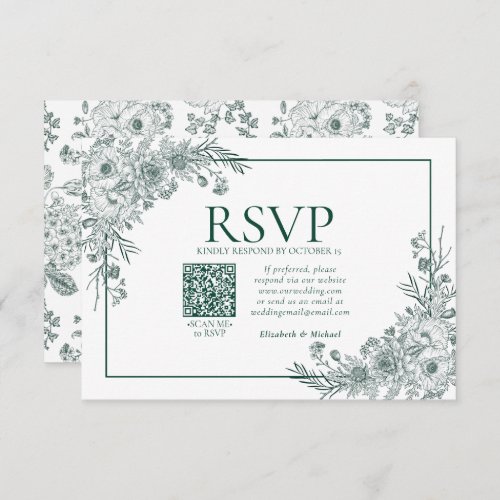 Vintage Emerald Floral Line Art QR Code RSVP