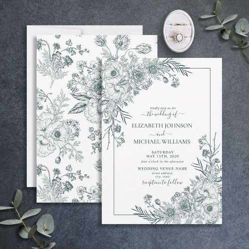 Vintage Emerald Floral Line Art Script Wedding Invitation