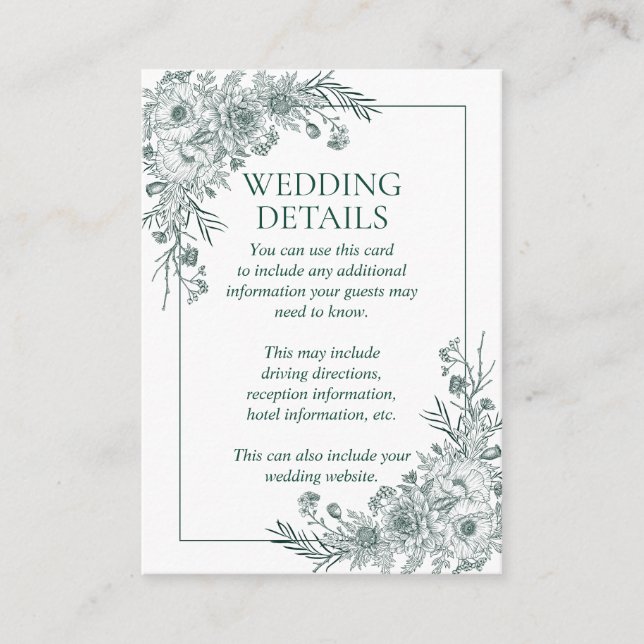 Vintage Emerald Floral Line Art Wedding Details Enclosure Card (Front)