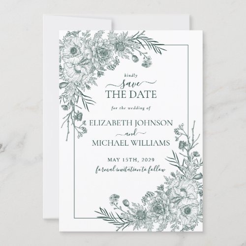 Vintage Emerald Floral LineArt Photo Save the Date Invitation