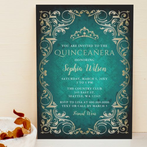 Vintage Emerald Gold Princess Tiara Quinceaera  Invitation