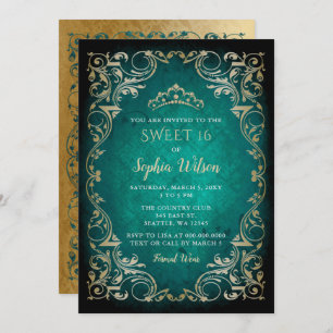 Vintage Emerald Gold Princess Tiara Sweet 16 Invitation