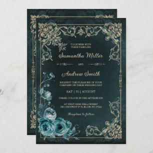 Vintage Emerald Green and Gold Wedding Invitation
