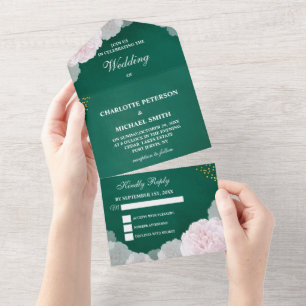 Vintage Emerald Green & Blush Pink Peony Wedding All In One Invitation