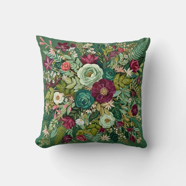 Vintage Emerald Green Botanical  Throw Pillow (Front)