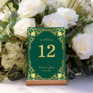 Vintage Emerald Green Faux Gold Elegant Wedding Table Number