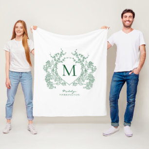 Vintage Emerald Green Floral Crest Monogram Fleece Blanket