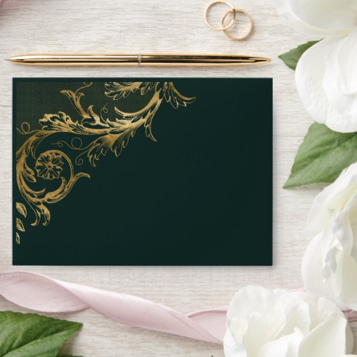 Vintage Emerald Green Floral Damask Wedding Envelope