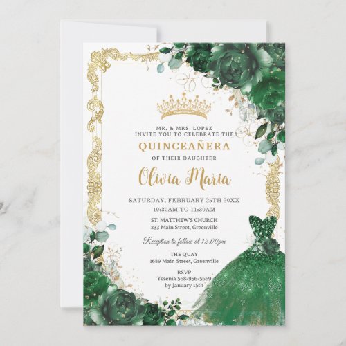 Vintage Emerald Green Floral Dress Quinceaera Invitation