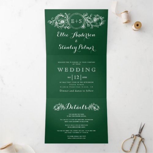 Vintage emerald green floral frame wedding Tri_Fold invitation