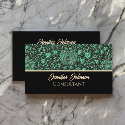 Vintage Emerald Green Floral Rose with Gold Script Business Card
