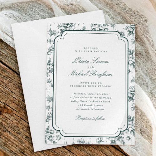 Vintage Emerald Green Floral Toile Frame Wedding Invitation