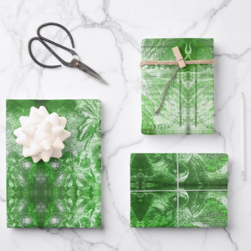 Vintage Emerald Green Flower Motif White Glitter Wrapping Paper Sheets