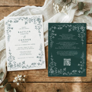Vintage Emerald Green French Floral Wedding Invitation