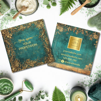 Vintage Emerald Green Gold and Black  Square Business Card