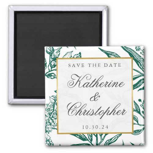 Vintage Emerald Green Gold Botanical Save the Date Magnet