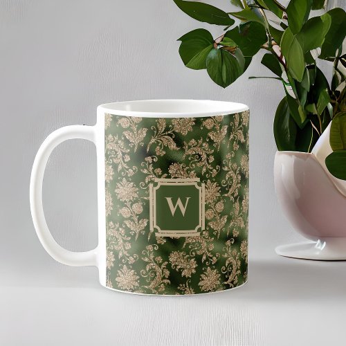 Vintage Emerald Green Gold Damask with Monogram Coffee Mug