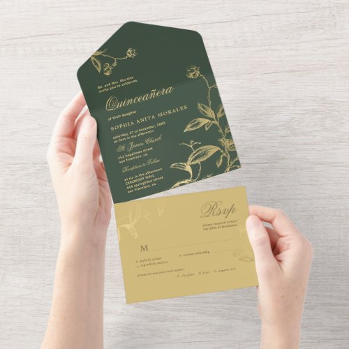 Vintage emerald green gold elegant Quinceaera All In One Invitation