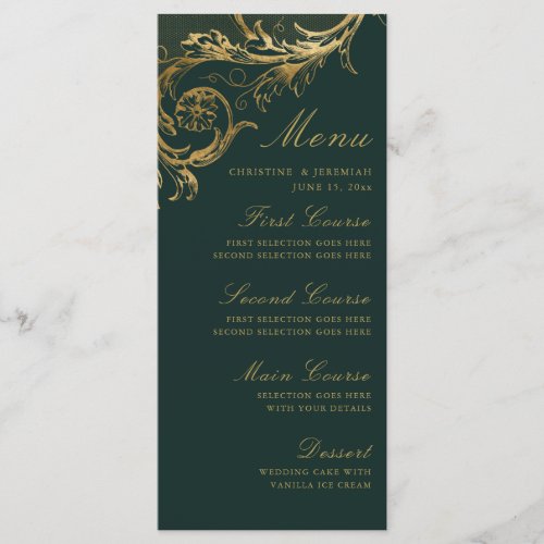 Vintage Emerald Green Gold Floral Damask Wedding Menu