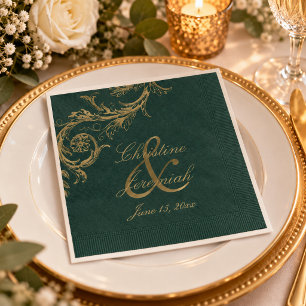 Vintage Emerald Green Gold Floral Damask Wedding Napkins