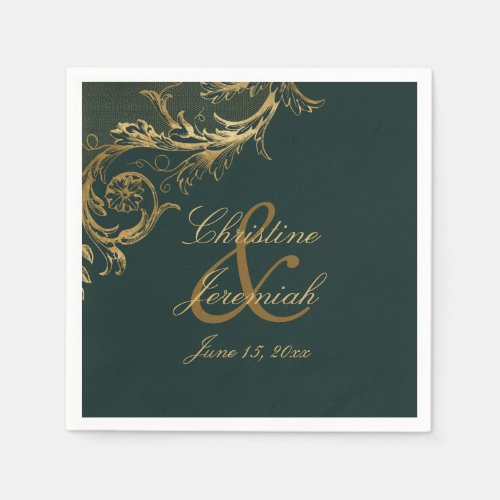 Vintage Emerald Green Gold Floral Damask Wedding Napkins