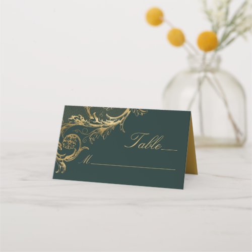 Vintage Emerald Green Gold Floral Damask Wedding Place Card