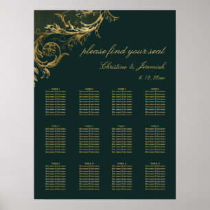 Vintage Emerald Green Gold Floral Damask Wedding Poster
