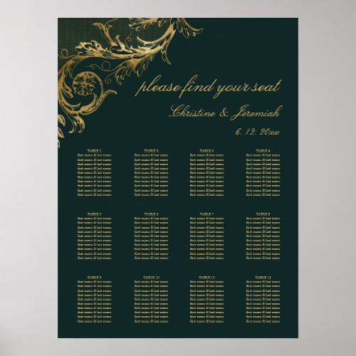 Vintage Emerald Green Gold Floral Damask Wedding Poster