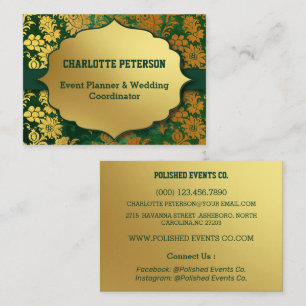 Vintage Emerald Green & Gold Floral Event Planner Business Card