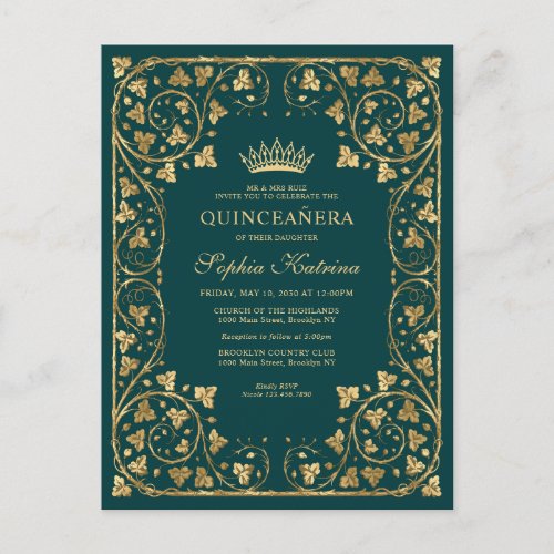 Vintage Emerald Green Gold Frame Tiara Quinceanera Invitation Postcard