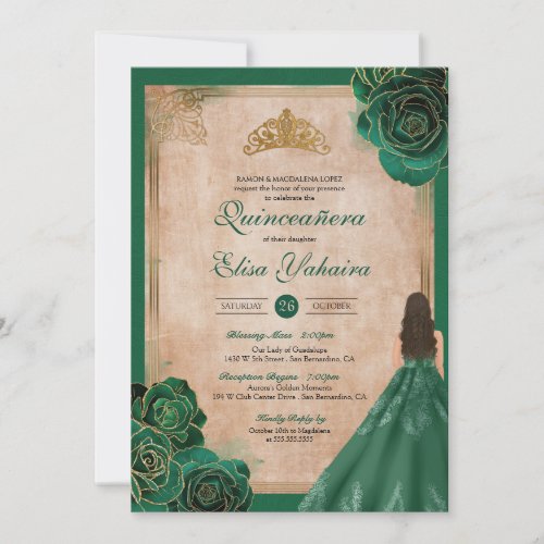 Vintage Emerald Green Gold Roses Royal Quinceanera Invitation