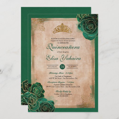 Vintage Emerald Green Gold Roses Royal Quinceanera Invitation
