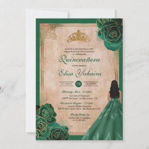 Vintage Emerald Green Gold Roses Royal Quinceanera Invitation