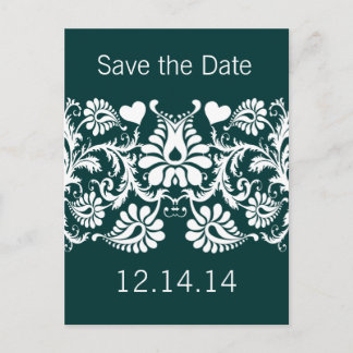 Vintage Emerald Green Heart Damask Announcement Postcard