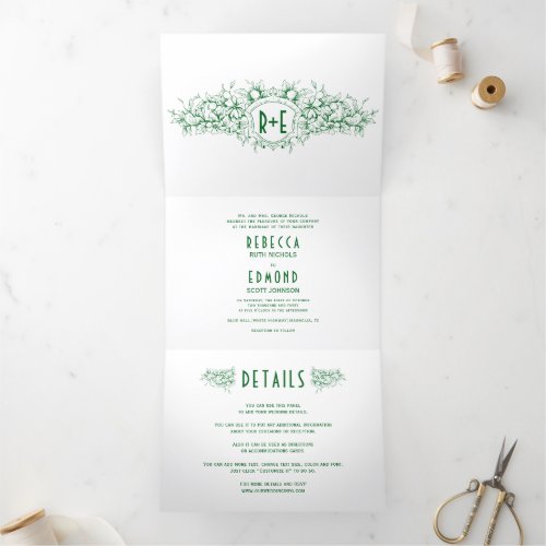 Vintage emerald green heraldic crest frame wedding Tri_Fold invitation