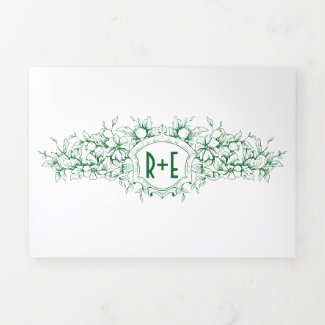 Vintage emerald green heraldic crest frame wedding Tri-Fold invitation