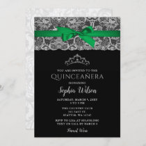 Vintage Emerald Green Ribbon Lace Quinceañera  Invitation