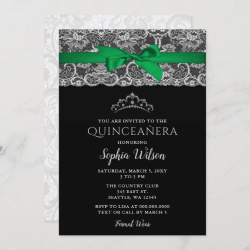 Vintage Emerald Green Ribbon Lace Quinceaera  Invitation