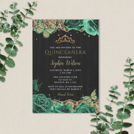 Vintage Emerald Green Roses Gold Lace Quinceañera  Invitation