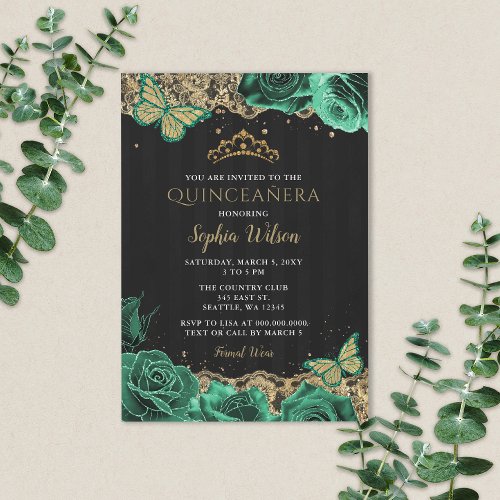 Vintage Emerald Green Roses Gold Lace Quinceaera  Invitation