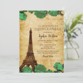 Vintage Emerald Roses Eiffel Tower Quinceañera  Invitation (Standing Front)
