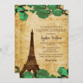 Vintage Emerald Roses Eiffel Tower Quinceañera  Invitation (Front/Back)