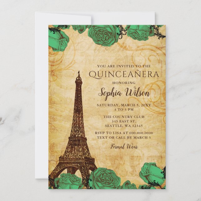 Vintage Emerald Roses Eiffel Tower Quinceañera  Invitation (Front)