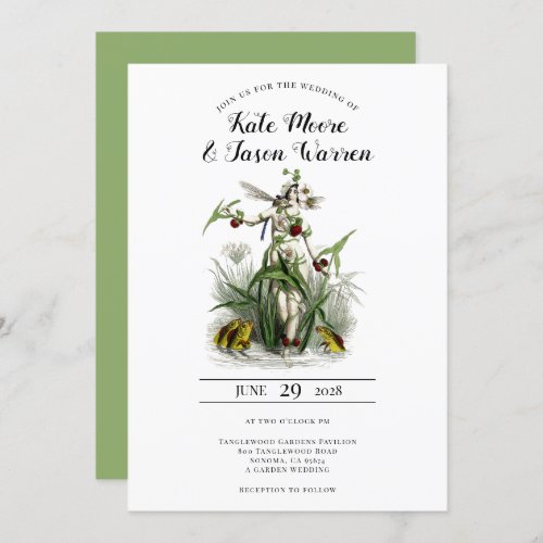 Vintage Enchanted Garden Fairy Green Wedding Invitation