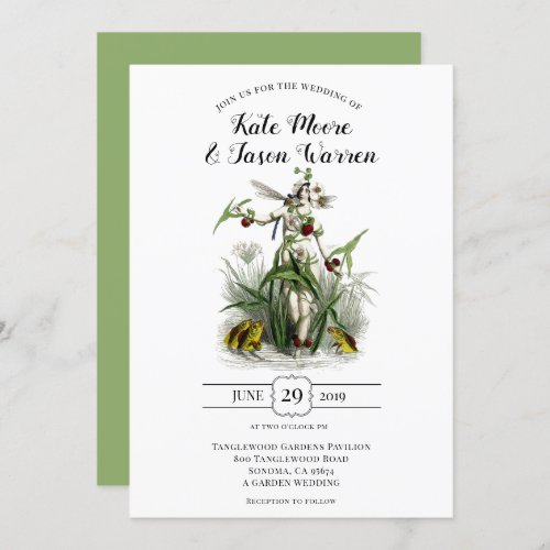 Vintage Enchanted Garden Fairy Green Wedding Invitation