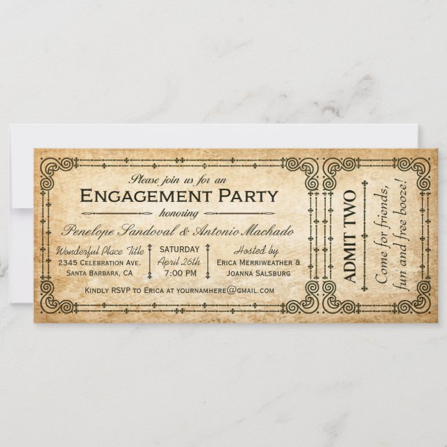 Vintage Engagement Party Ticket Invitations II (Front)