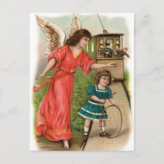 Vintage Engel Schutzengel Mädchen und Strassenbahn Postcard