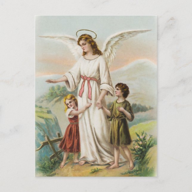 Vintage Engel Schutzengel und zwei Kinder Postcard (Front)