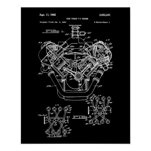 Vintage Engine Block Blueprint Diagram  Mens Car Poster