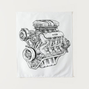 Vintage Engine Block Blueprint Diagram – Men's Car Tapestry